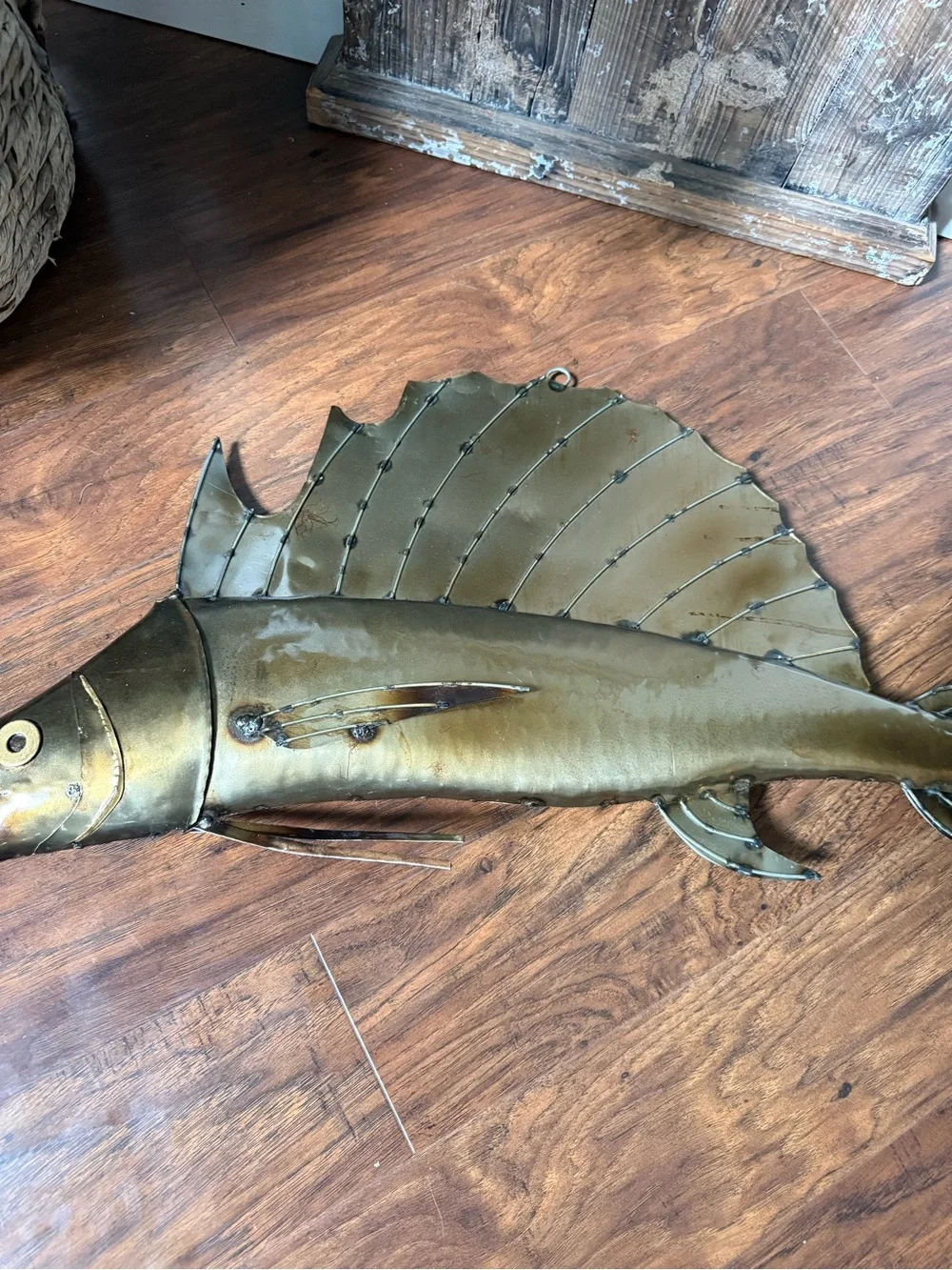 Metal Sailfish Wall Sculpture Brass Color  38 In.  Coastal Folk Art
